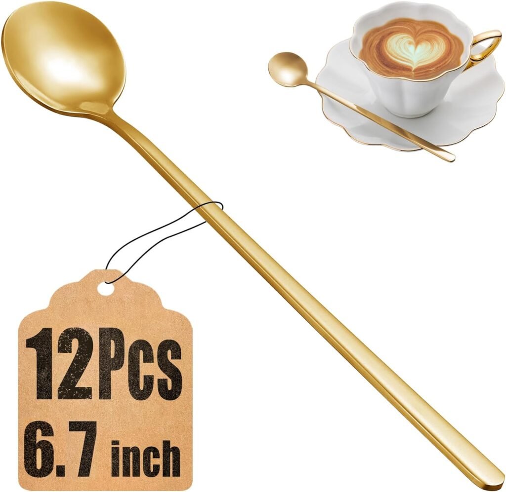 12 Pcs Coffee Spoons Set, 6.7 Inches Gold Tea Spoons Long Handle, Stirring Spoons, Gold Small Teaspoons, Food Grade Stainless Steel Gold Spoons, Long Spoons for Stirring, Gold Metal Espresso Spoons