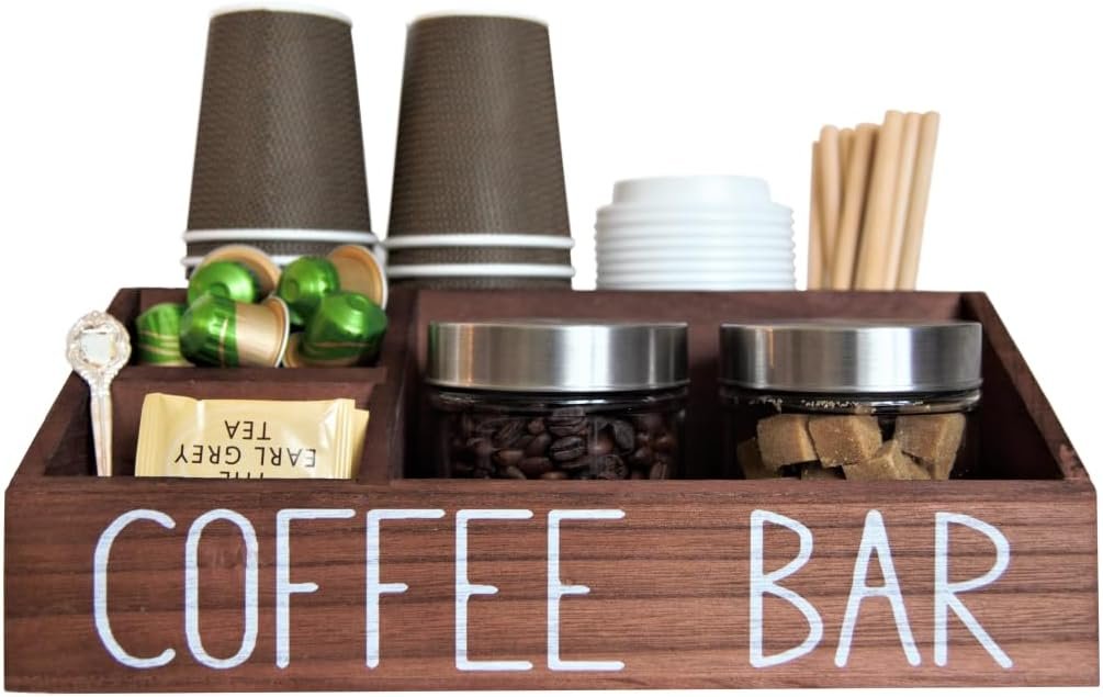 Roast  Sip Coffee Bar Organizer - Coffee Station Organizer For Home Or Office - Natural Wood Coffee Organizer For Counter - Coffee and Tea Condiment Organizer - Rustic Style, No Assembly Required