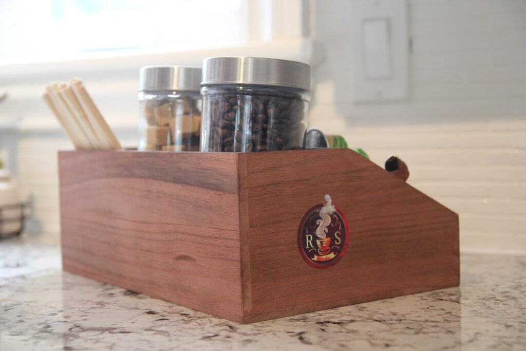 Roast  Sip Coffee Bar Organizer - Coffee Station Organizer For Home Or Office - Natural Wood Coffee Organizer For Counter - Coffee and Tea Condiment Organizer - Rustic Style, No Assembly Required