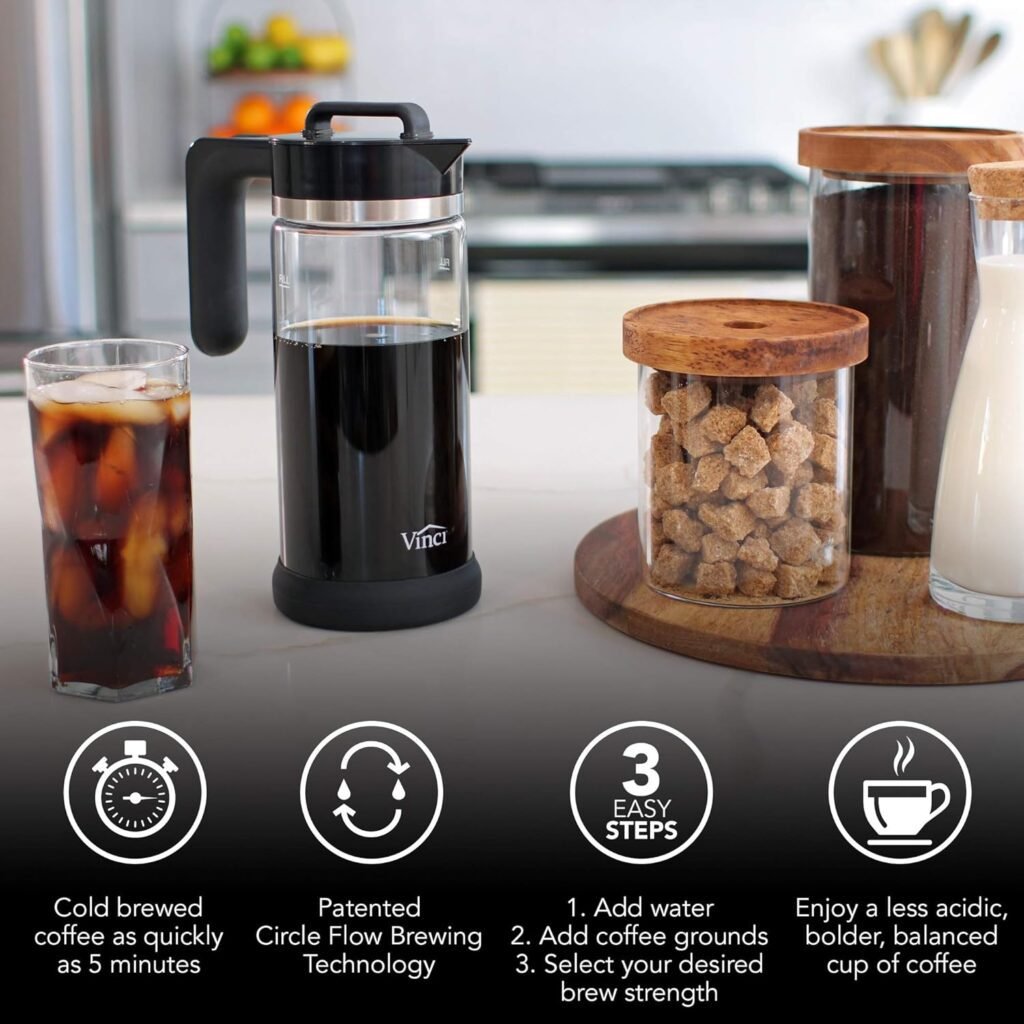 VINCI Express Cold Brew Patented Electric Coffee Maker in 5 Minutes, 4 Brew Strength Settings  Cleaning Cycle, Easy to Use  Clean, Glass Carafe, 1.1 Liter (37 Fl Ounces)