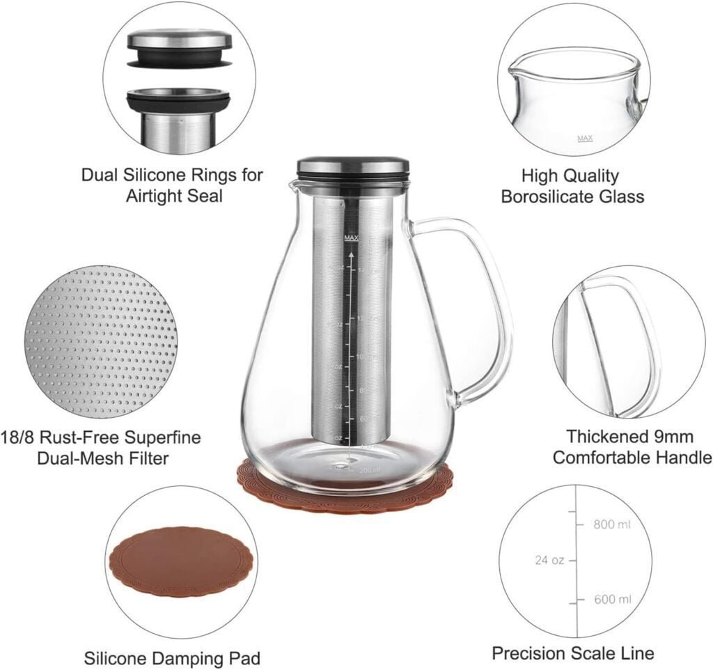 YMMIND Cold Brew Iced Coffee Maker 51oz, Brewed Coffee Pot with Removable Double Mesh 304 Stainless Steel Filter, BPA-Free Cold Brew Pitcher Glass Container, Tea Maker