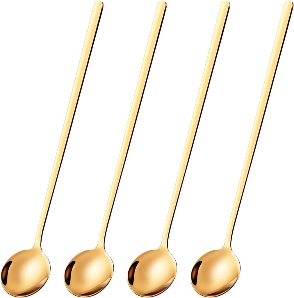4 Pcs 6.7 Coffee Spoons, Teaspoons, Gold Spoons, Stirring Spoons with Long Handle, Cute Coffee Bar Accessories - Stainless Steel Bar Spoons Set for Espresso Iced Tea Dessert Ice Cream Yogurt cocktail