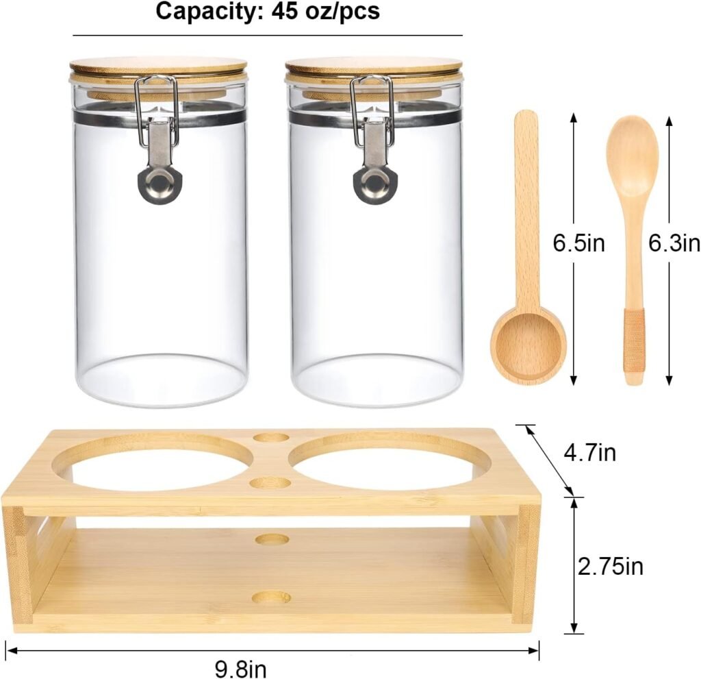45oz Airtight Glass Coffee Canisters with Bamboo Lids, Scoop, and Spoons - BPA Free Storage Jars