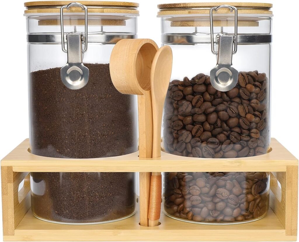 45oz Airtight Glass Coffee Canisters with Bamboo Lids, Scoop, and Spoons - BPA Free Storage Jars