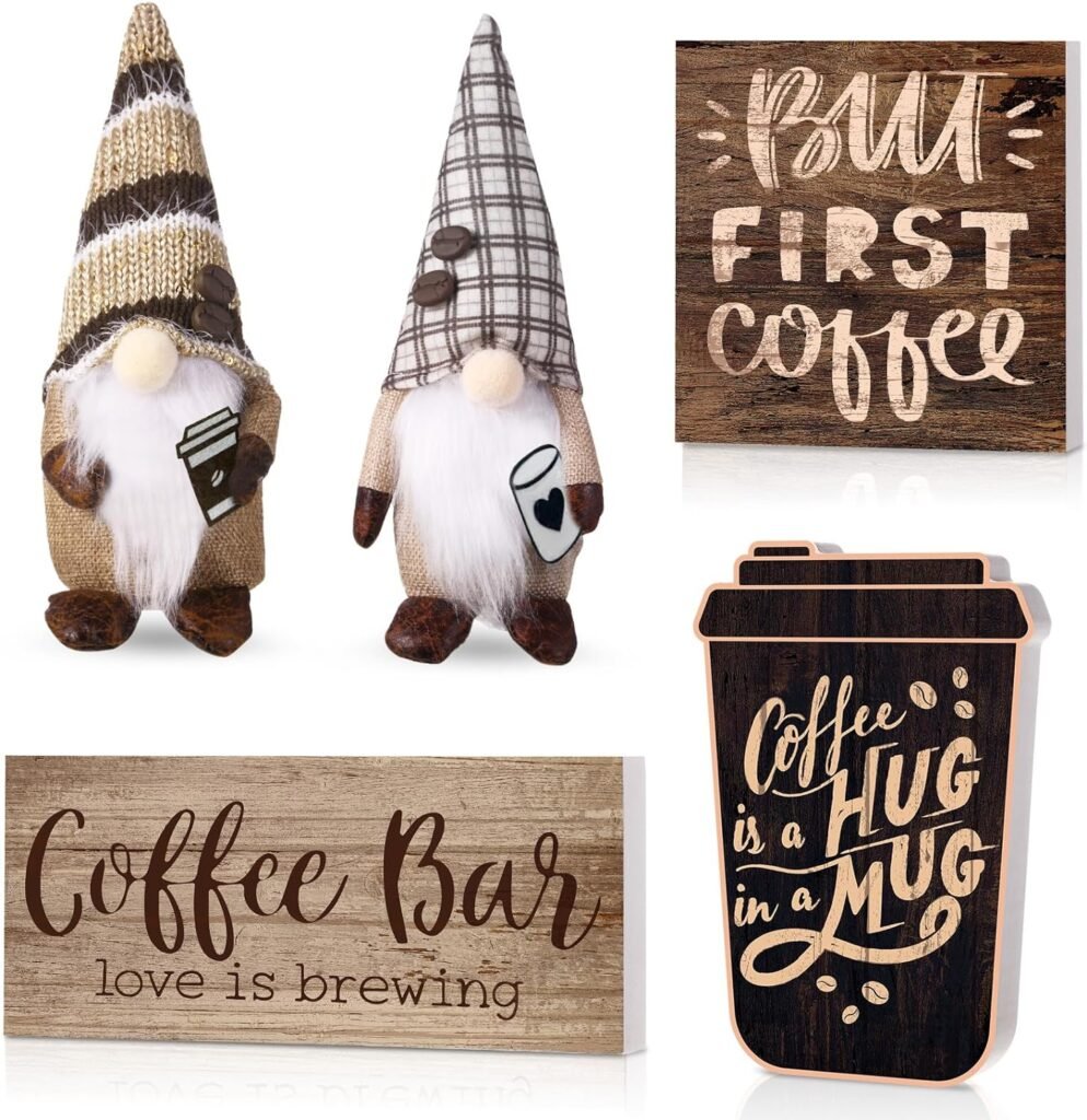 5 Pcs Coffee Tiered Tray Decor Set, Include 2 Pcs Rustic Coffee Gnomes and 3 Pcs Farmhouse Coffee Bar Tiered Tray Wood Signs for Coffee Bar Decorations