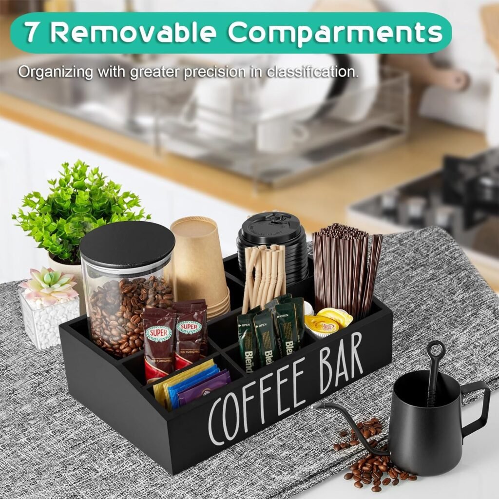 ALELION Coffee Station Organizer with Removable Dividers - 7 Compartment Black Coffee Bar Accessories and Organizer - Condiment Holder for K Cup Sugar Tea Pod - Farmhouse Coffee Bar Decor