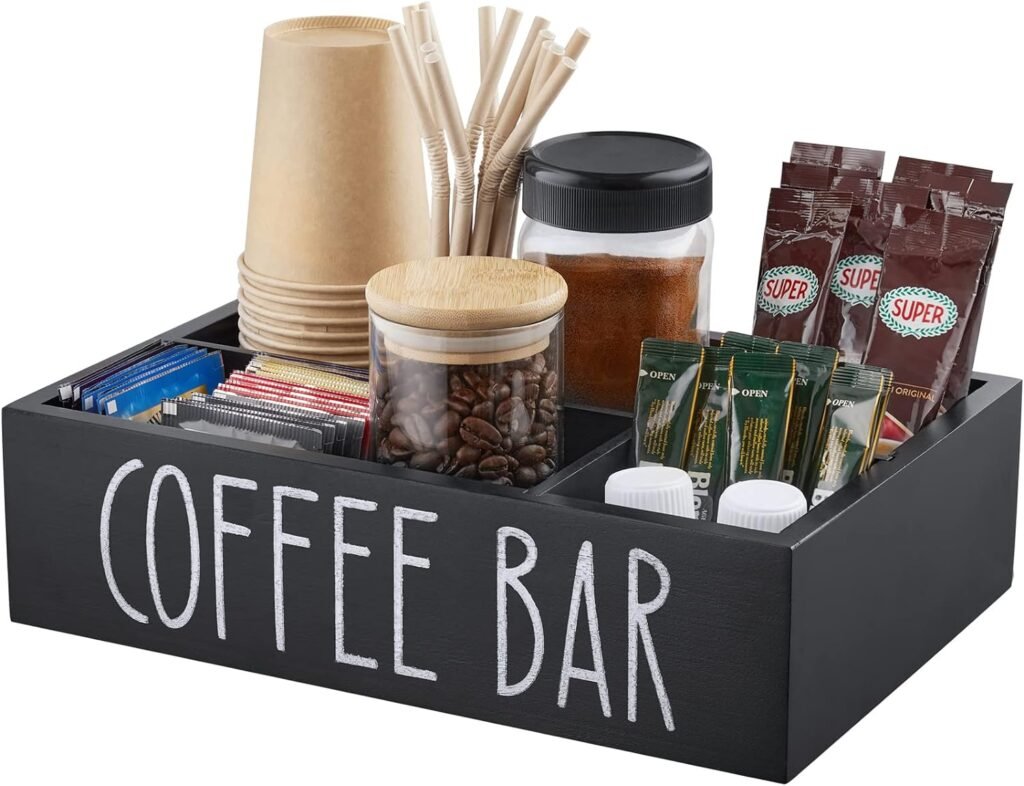 ALELION Coffee Station Organizer with Removable Dividers - Wood Bar Accessories Organizer for Countertop - Pod Holder Basket for Sugar Tea - Black Table Decor