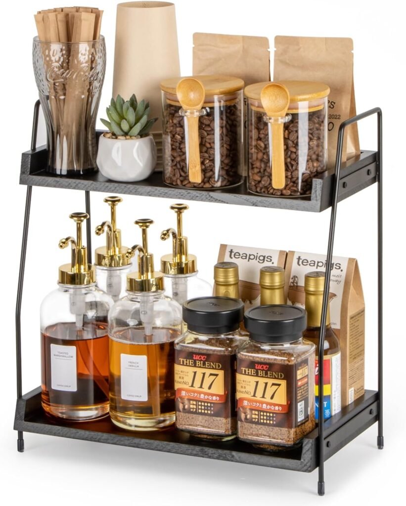 ANBOXIT Countertop Coffee Station Organizer, 2 Tier Wooden Shelf for Coffee Bar Accessories, Condiment Storage Caddy for Kitchen, Home, Office - Brown
