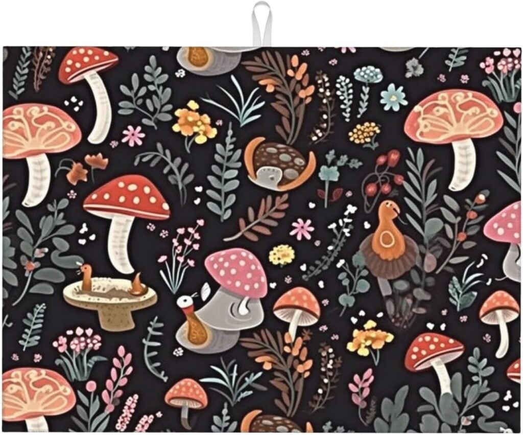Beautiful Mushrooms Reusable And Fast Drying Dish Drying Mat For Kitchen Counter Microfiber Absorbent Dish Drainer Rack Mat Machine Washable 18x24 Inch