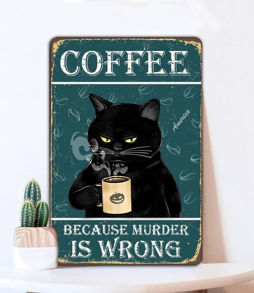 Bestylez Funny Black Cat Prefer Coffee Signs For Kitchen, Coffee Bar, Coffee Nook, Corner Coffee Station Accessories Decor, 12 x 8 Inch (912)