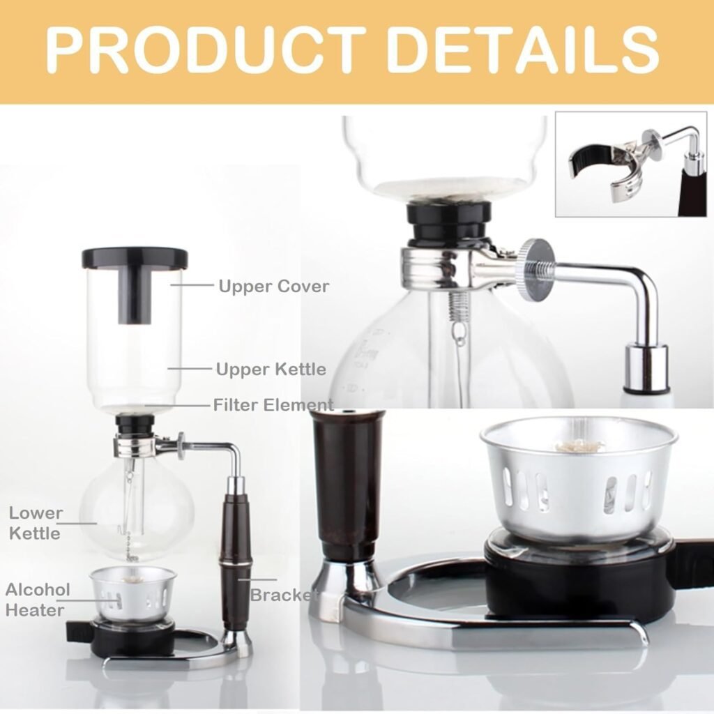 Borasilicate Glass Syphon Coffee Maker, 5-Cup 600ml Vaccum Gravity Clear Coffee Tabletop Siphon Pot with Reusable Cloth Filter Coffee Brewer Hot Tea Maker Machine (5-Cup)