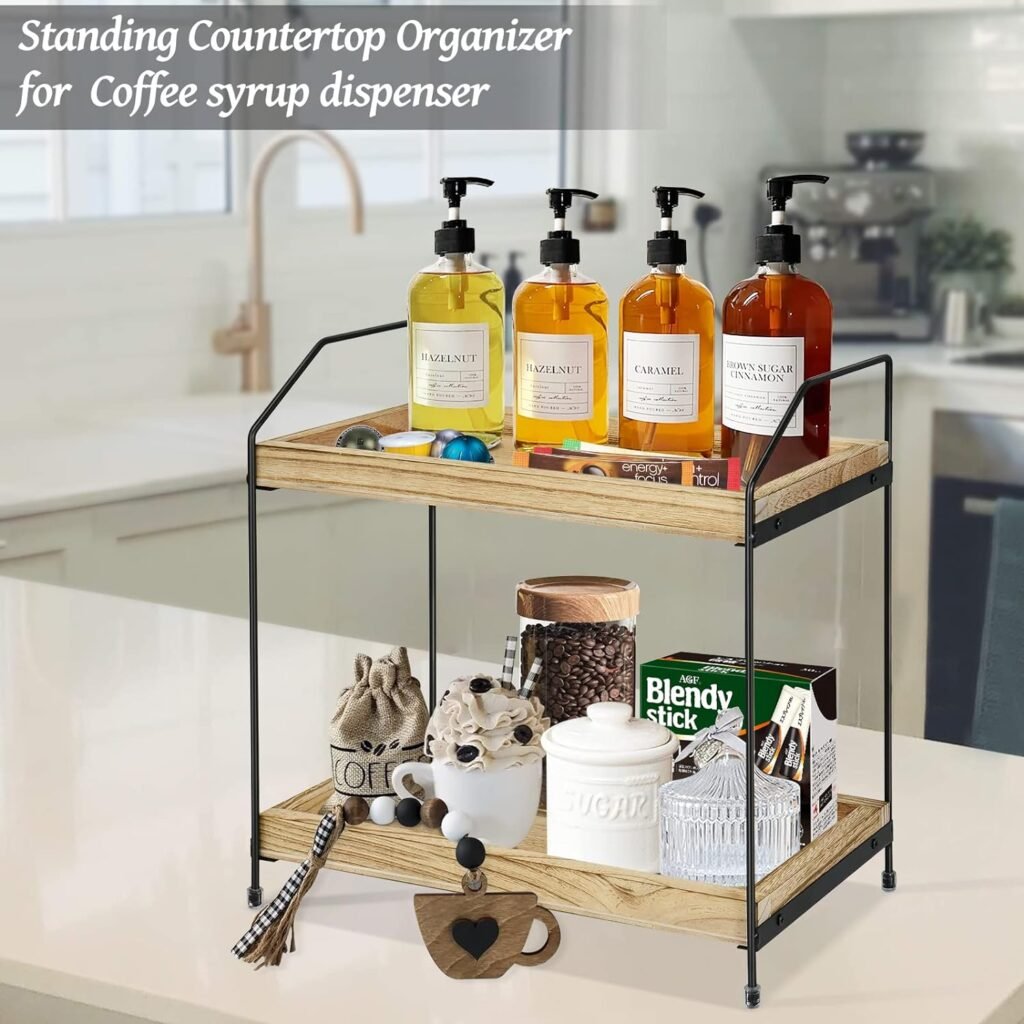 Coffee Bar Accessories and Organizer Countertop, Coffee Station Organizer with Drawer Wood Kitchen Countertop Organizer, Coffee Syrup and Snack Organizer for Kitchen, office, bathroom