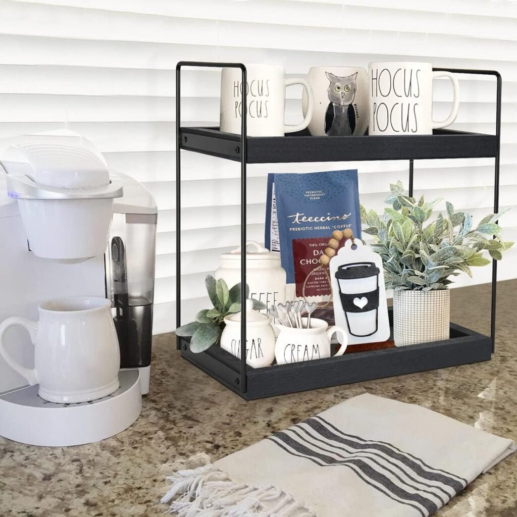 Coffee Bar Accessories and Organizer Countertop, Coffee Station Organizer with Drawer Wood Kitchen Countertop Organizer, Coffee Syrup and Snack Organizer for Kitchen, office, bathroom