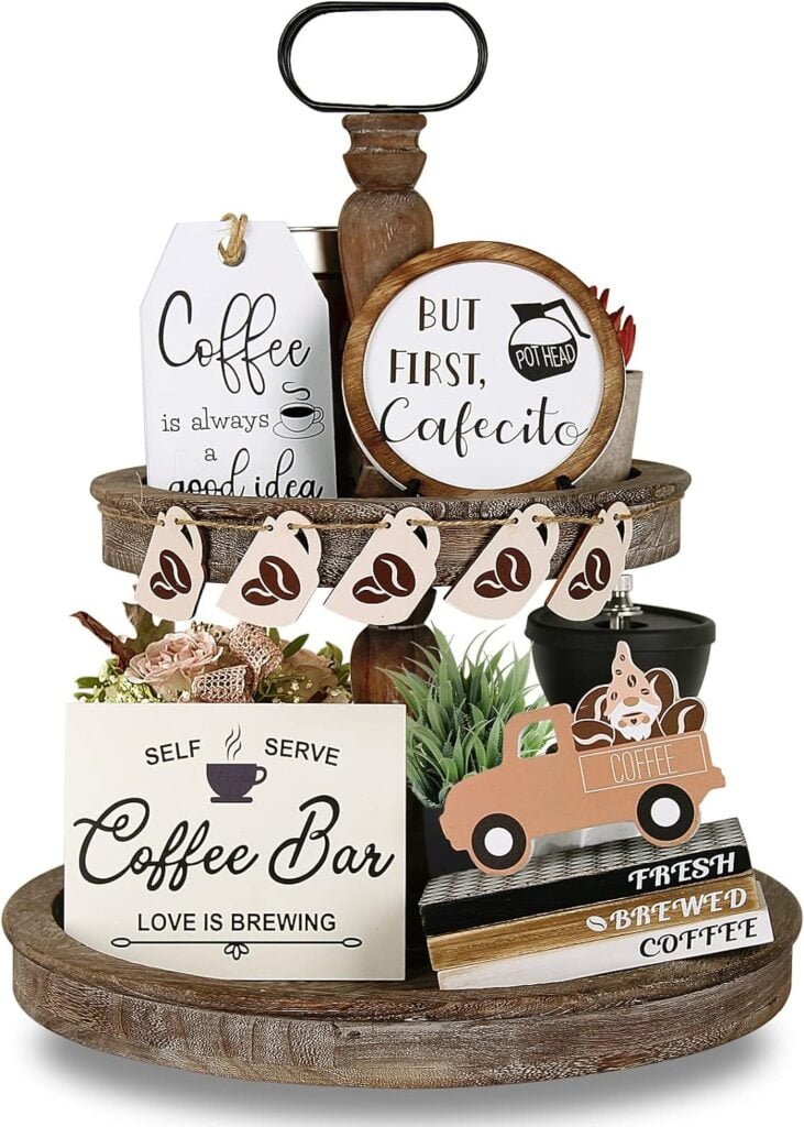 Coffee Bar Decor for Coffee Tiered Tray Decor, 12 Pieces Coffee Mini Wooden Book Stacks Accessories, Truck Decor Wood Coffee Sign for Home, Kitchen, Farmhouse, Tabletop Tiered Tray