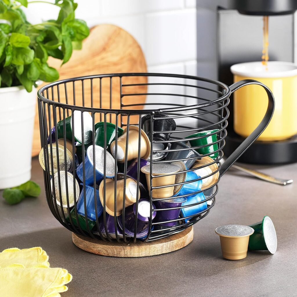 Coffee Pod Holder - Large Capacity Black Wire K cup Holder with Wooden Base - Coffee Pod Organizer for K Cup Holders for Counter  Nespresso Pods Holder - Modern Coffee Bar Accessories  Coffee Decor