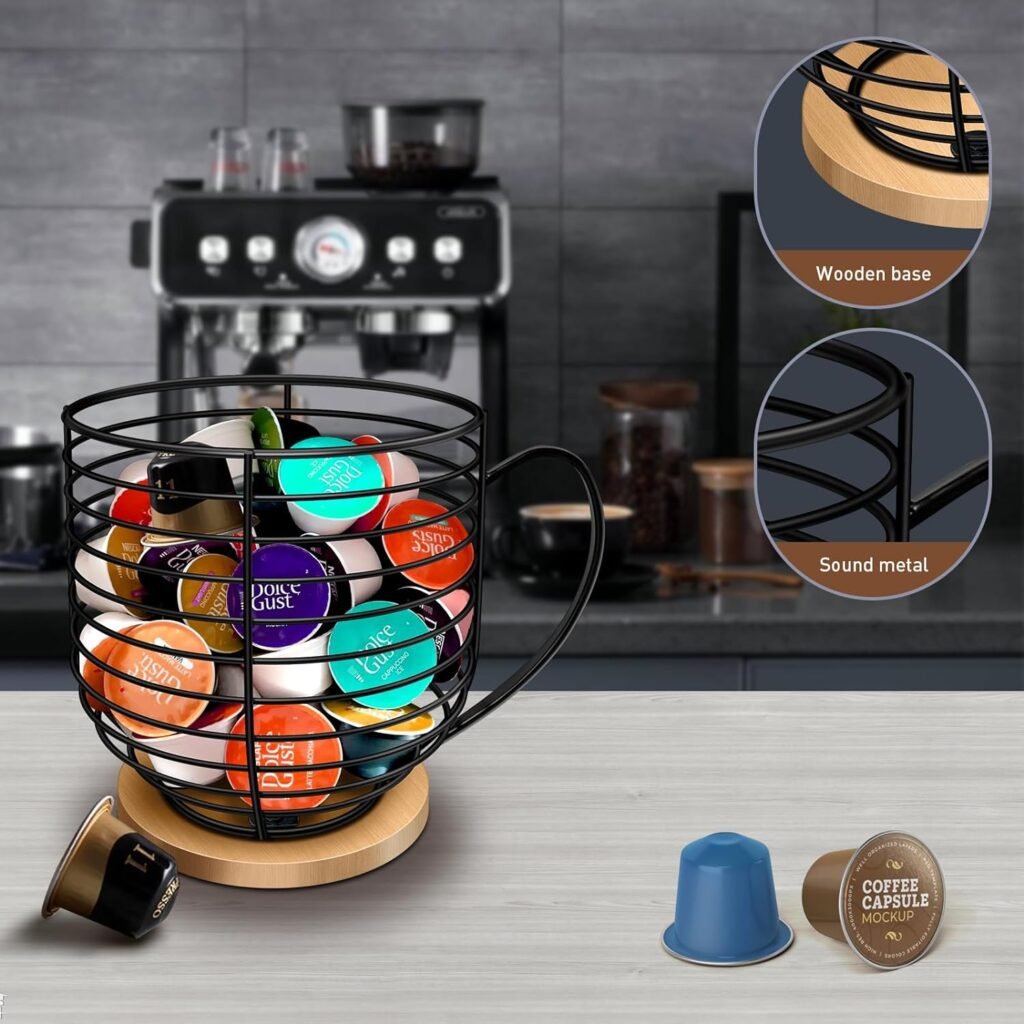 Coffee Pod Holders for Counter - K Cup Holders for Counter - Coffee Pods Storage Organizer - Coffee Bar Accessories - Large Capacity Black Wire Kup Storage with Wooden Base.