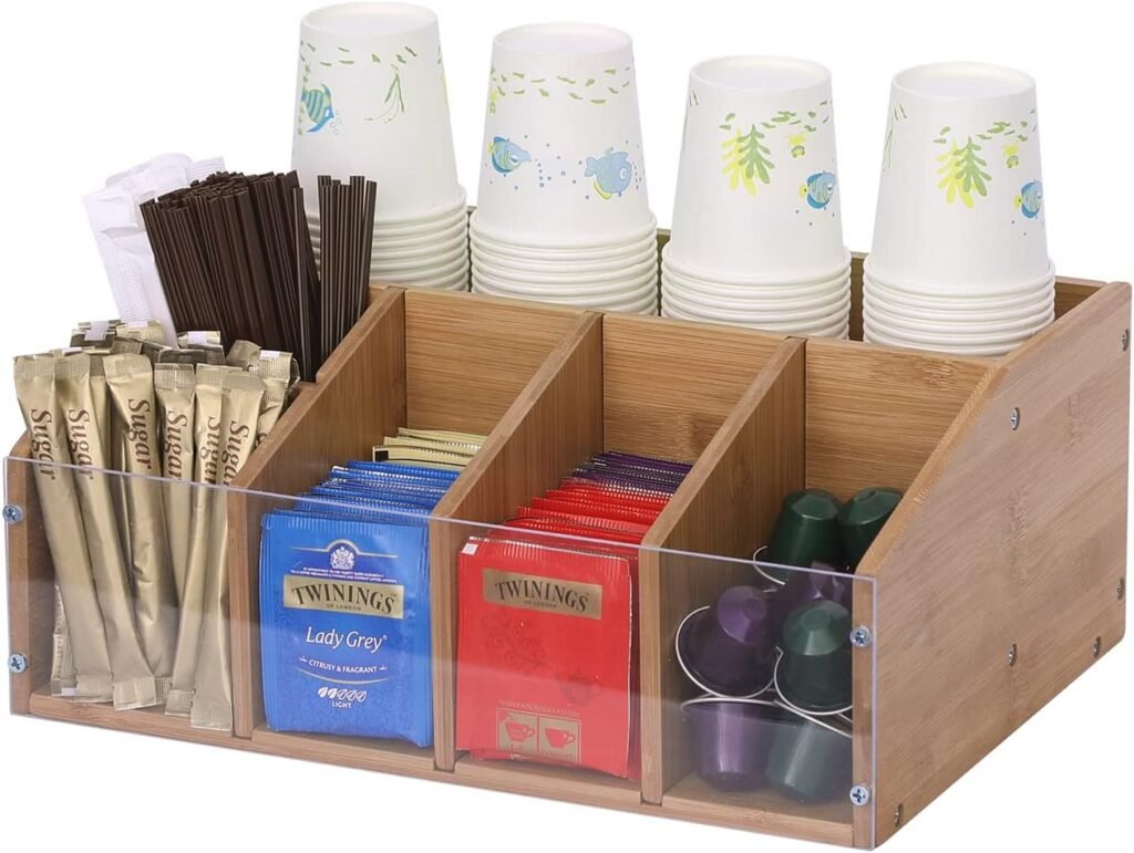 Coffee Station Organizer Coffee Bar Organizer for Countertop Farmhouse Coffee Caddy with Removable Dividers Office Coffee Bar Accessories and Organizer for Coffee Pods, Syrup, Cups, and Stirrer