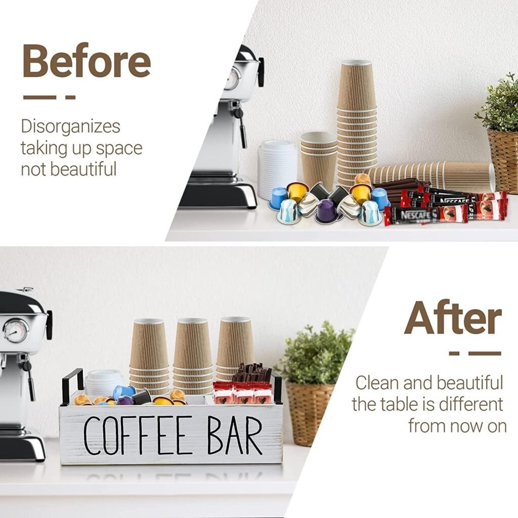 Coffee Station Organizer with Drawer, Wooden Coffee Bar Accessories Organizer for Counter, Farmhouse Kcup Coffee Pod Holder Storage Box with Handle, Coffee Bar Organizer Station for Coffee Bar Decor