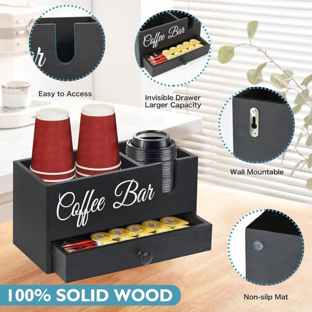 Coffee Station Organizer with Drawer, Wooden Coffee Bar Accessories Organizer for Counter, Farmhouse Kcup Coffee Pod Holder Storage Box with Handle, Coffee Bar Organizer Station for Coffee Bar Decor