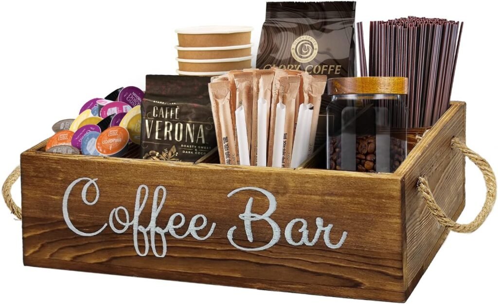 Coffee Station Organizer with Small Removable Dividers, Wooden Coffee Bar Accessories Storage For Countertop, Farmhouse Kcup Coffee Pod Holder Basket With Handle For Coffee Lover
