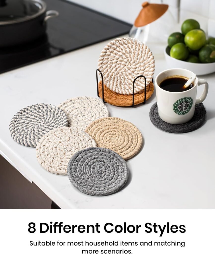 Crafizon 8 Pcs Drink Coasters with Holder, 8 Colors Absorbent Coasters for Drinks Minimalist Cup Coasters Cotton Coaster Set Woven Coasters for Coffee Table Home Decor Bar Housewarming Gift, 4.3 Inch