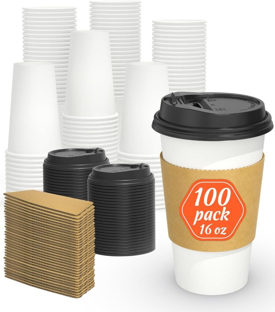 Dealusy 100 Pack 16 oz Disposable Coffee Cups with Lids and Sleeves, Sturdy Thick Paper  Leak-free Insulated to Go Coffee Cups with Lids, Paper Hot Coffee Cups for Hot  Cold Beverage