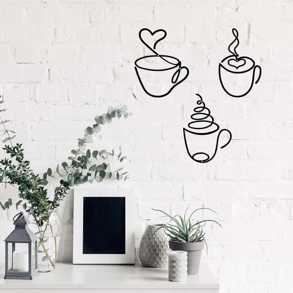 Ferraycle 3 Pieces Coffee Cup Metal Wall Art Wire Coffee Cat Sign Wire Wall Decor for Kitchen Restaurant Shop Decors Accessories (Coffee Cup Style)