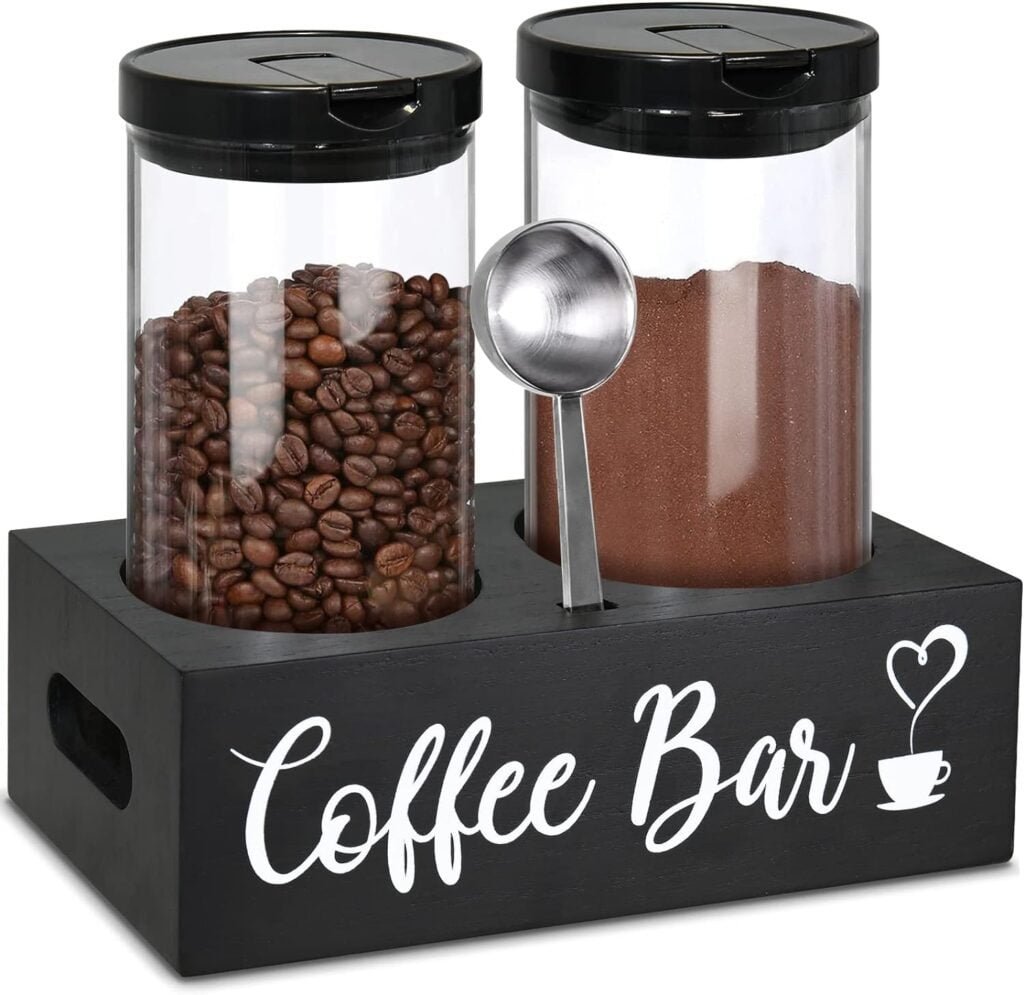 Glass Coffee Containers with Shelf,Coffee Station Organizer,Coffee Canister with Scoop,2x48oz Coffee Bean Storage with Airtight Locking Clamp,Coffee Container for Ground CoffeeBlack)