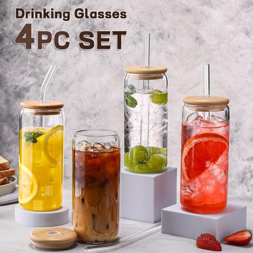 Glass Cups with Lids and Straws 4pcs-DWTS Coffee cups,Drinking glasses set,Glass tumbler with straw and lid gift 2 Cleaning Brushes