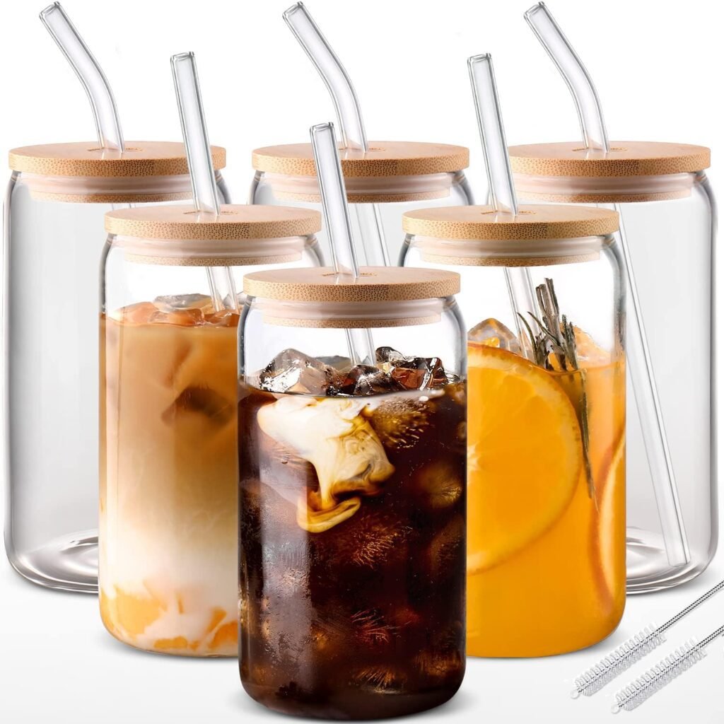 Glass Cups with Lids and Straws 4pcs-DWTS Coffee cups,Drinking glasses set,Glass tumbler with straw and lid gift 2 Cleaning Brushes