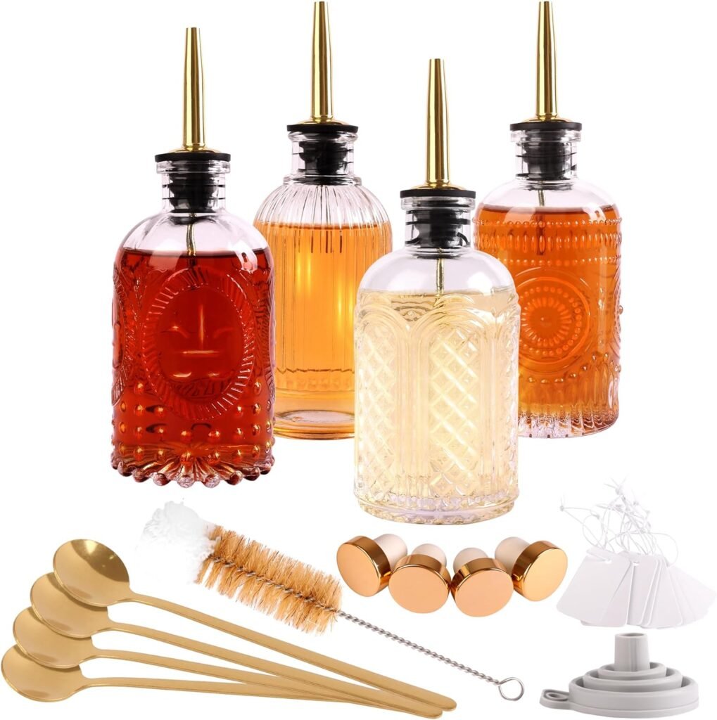 Glass Syrup Dispenser Set - 4 Pack 7oz Bottles with Metal Pour Spouts, Stoppers, Spoons for Coffee, Tea, Vanilla, Caramel, Honey
