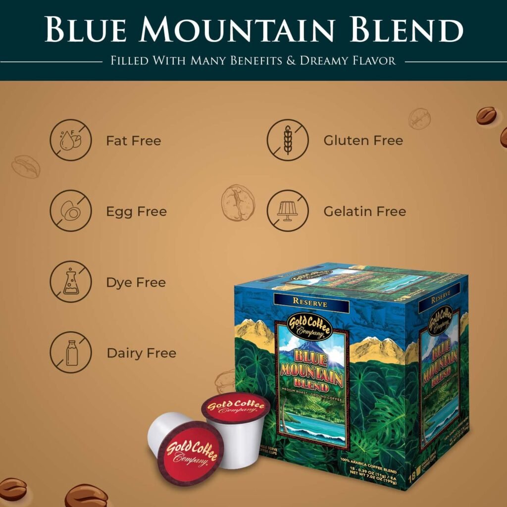 Gold Coffee Blue Mountain Blend: Medium Roast Ground Coffee Pods - 18 Single Serve Coffee Cups (Pack of 4), Coffee Grounds Full-Bodied with Robust Flavor, Balanced Mild Acidity, and Caramel Sweetness