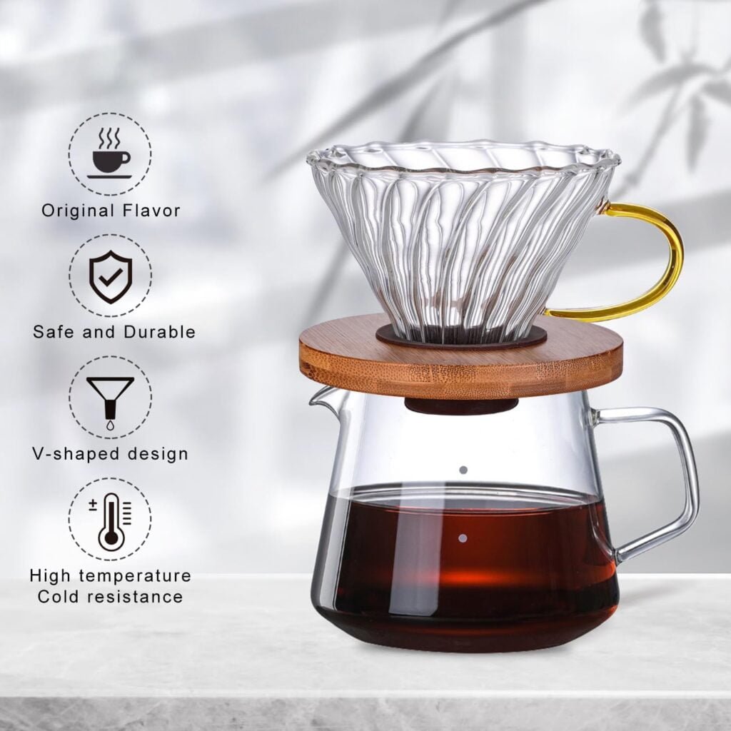Gute Glass Coffee Dripper/Filter - Cone Glass Pour Over Coffee Dripper with Bamboo Stand  Handle, 1-4 Cups Drip Coffee Maker Funnel Accessories for Home, Office