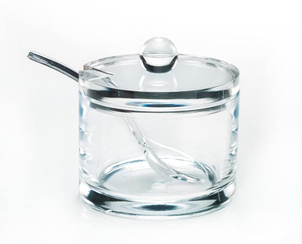 JM DESIGN Clear Acrylic Sugar Bowl With Lid And Spoon For Coffee Bar Accessories , Cereal Bowls , Tea , Kitchen Countertop Canisters  Baking - 8 oz Container Jar Dispenser Holder - Dishwasher Safe