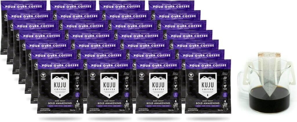 Kuju Coffee Premium Pour Over Camping Coffee Singles - 28 Pack Bold Awakening, Dark Roast - Superior Instant Coffee for Backpacking, Travel, and Camp