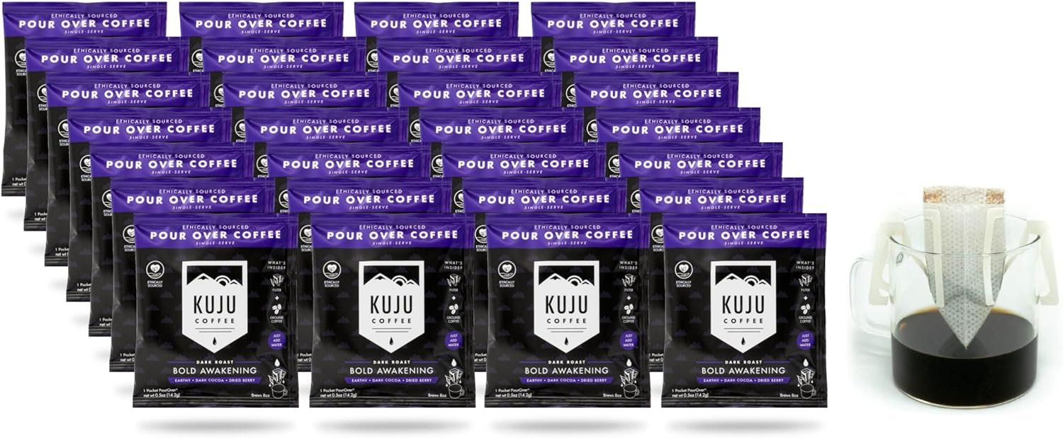 kuju coffee premium pour over camping coffee singles 28 pack bold awakening dark roast superior instant coffee for backp