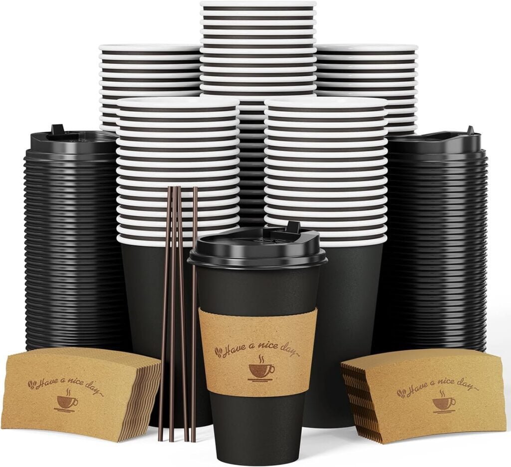 LITOPAK 100 Pack 16 oz Paper Coffee Cups, Drinking Cups for Cold/Hot Coffee Chocolate Drinks, Disposable Coffee Cups with Lids, Sleeves and Stirring Sticks, Black Hot Coffee Cups for Home and Cafes.