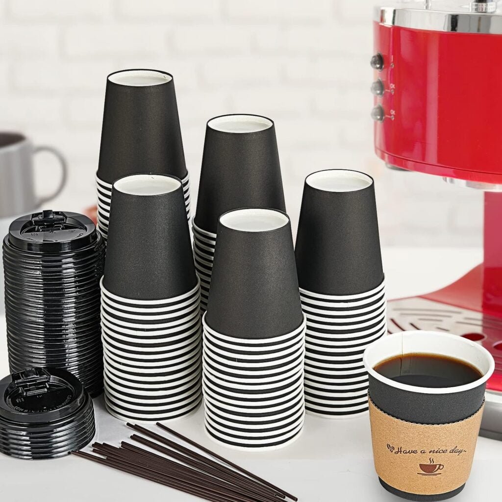 LITOPAK 100 Pack 16 oz Paper Coffee Cups, Drinking Cups for Cold/Hot Coffee Chocolate Drinks, Disposable Coffee Cups with Lids, Sleeves and Stirring Sticks, Black Hot Coffee Cups for Home and Cafes.