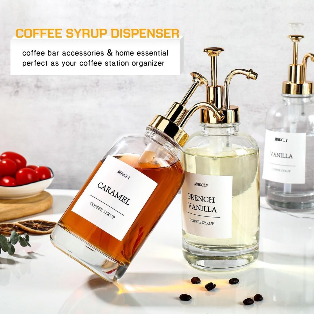 MHDCLY Coffee Bar Accessories, Coffee Syrup Dispenser - 4pack,16.9oz Syrup Dispenser with Labels,Syrup Pump Dispenser for Coffee Bar(Gold pump)