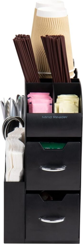 Mind Reader Cup and Condiment Station, Countertop Organizer, Coffee Bar, Kitchen, Stirrers, 5.35L x 11.25W x 11.15H, Black