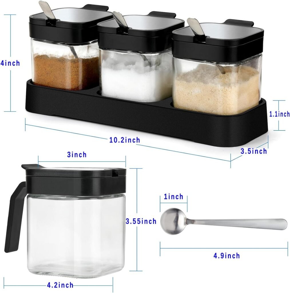 Mlici Condiment Jar Spice Container with Lids and Spoons, 8.6oz Clear Glass Condiment Canisters Pots Seasoning Box Salt Container Sugar Bowl Set of 3 for Kitchen, Counter, Food Storage, Black