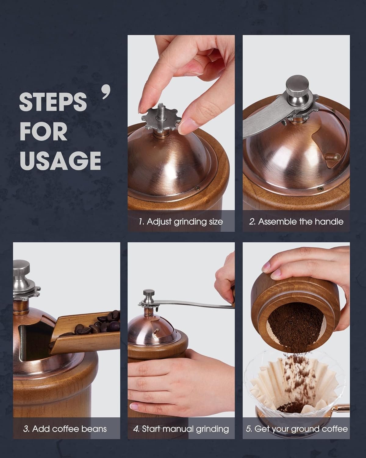 poliviar manual coffee grinder coffee bean grinder with adjustable ceramic burr vintage style wooden hand coffee grinder 3