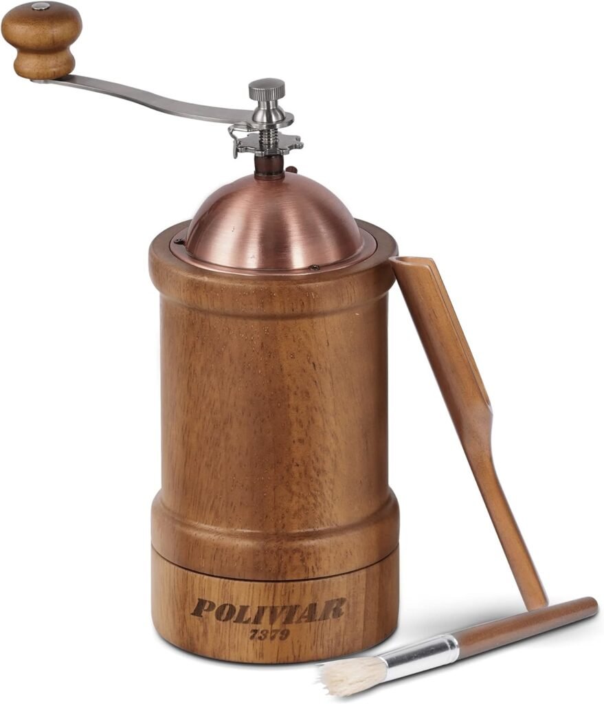 POLIVIAR Manual Coffee Grinder, Coffee Bean Grinder with Adjustable Ceramic Burr, Vintage Style Wooden Hand Coffee Grinder, Large Capacity Burr Coffee Grinder with Brush and Spoon (JX2022-CG20)