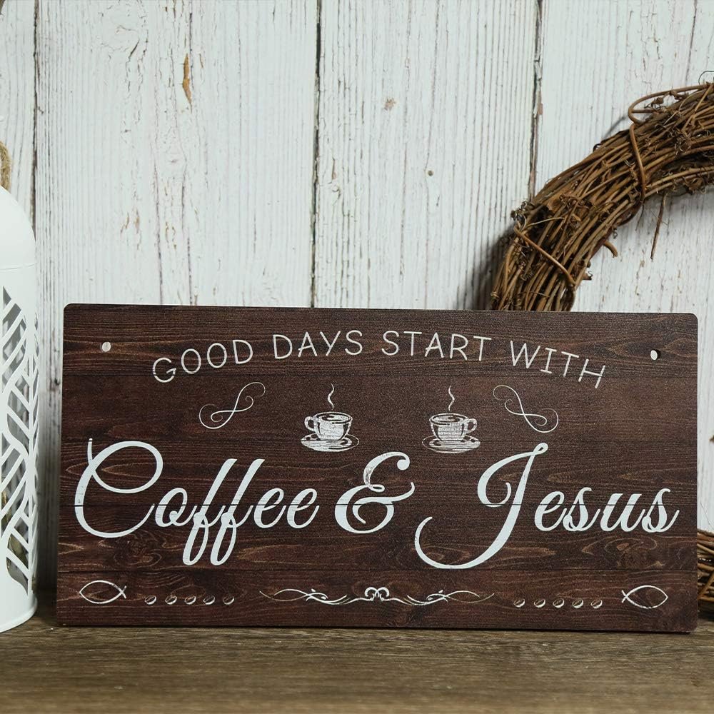Putuo Decor Coffee Sign, Kitchen Coffee Bar Decor, 12 x 6 Hanging Plaque, Gifts for Coffee Lover (Good Days Start with Coffee  Jesus)