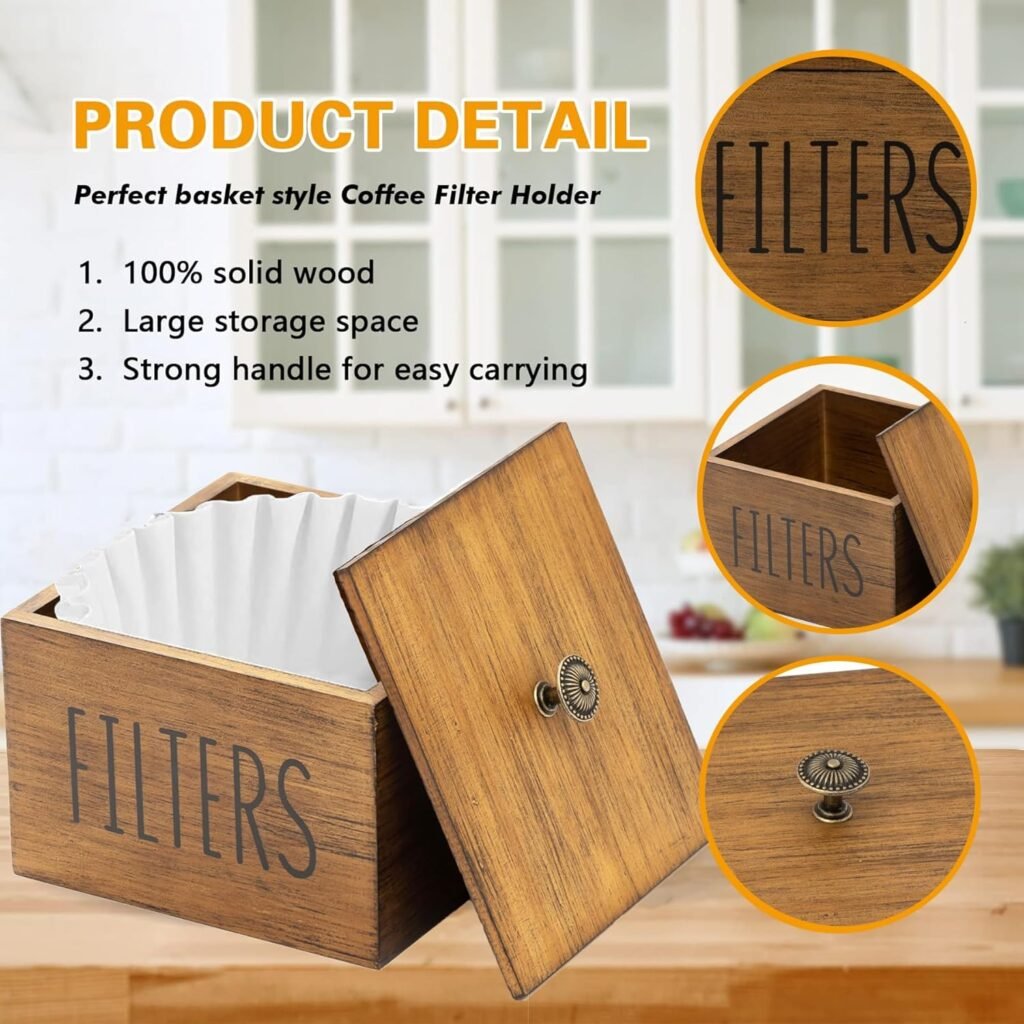 RuDily Farmhouse Rustic Coffee Filter Holder Basket, Wooden Organizer Pour Over Coffee Station Filter Storage Container, Decorative Distressed Countertop Coffee Filter Case (Black Wood)