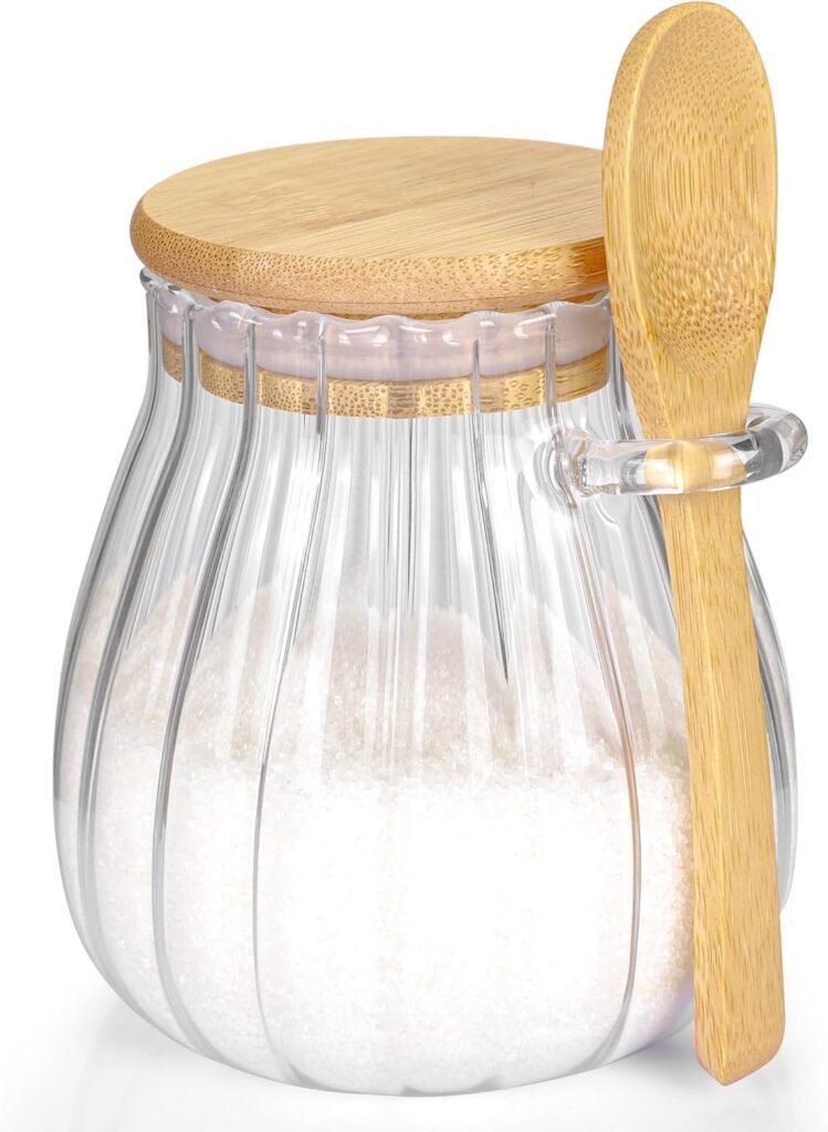 Sugar Container with Bamboo Lid and Spoon,15 oz Sugar Bowl Glass Jar for Coffee Bar Accessories Coffee Canister Kitchen Decor Housewarming Gift Christmas Refillable Design