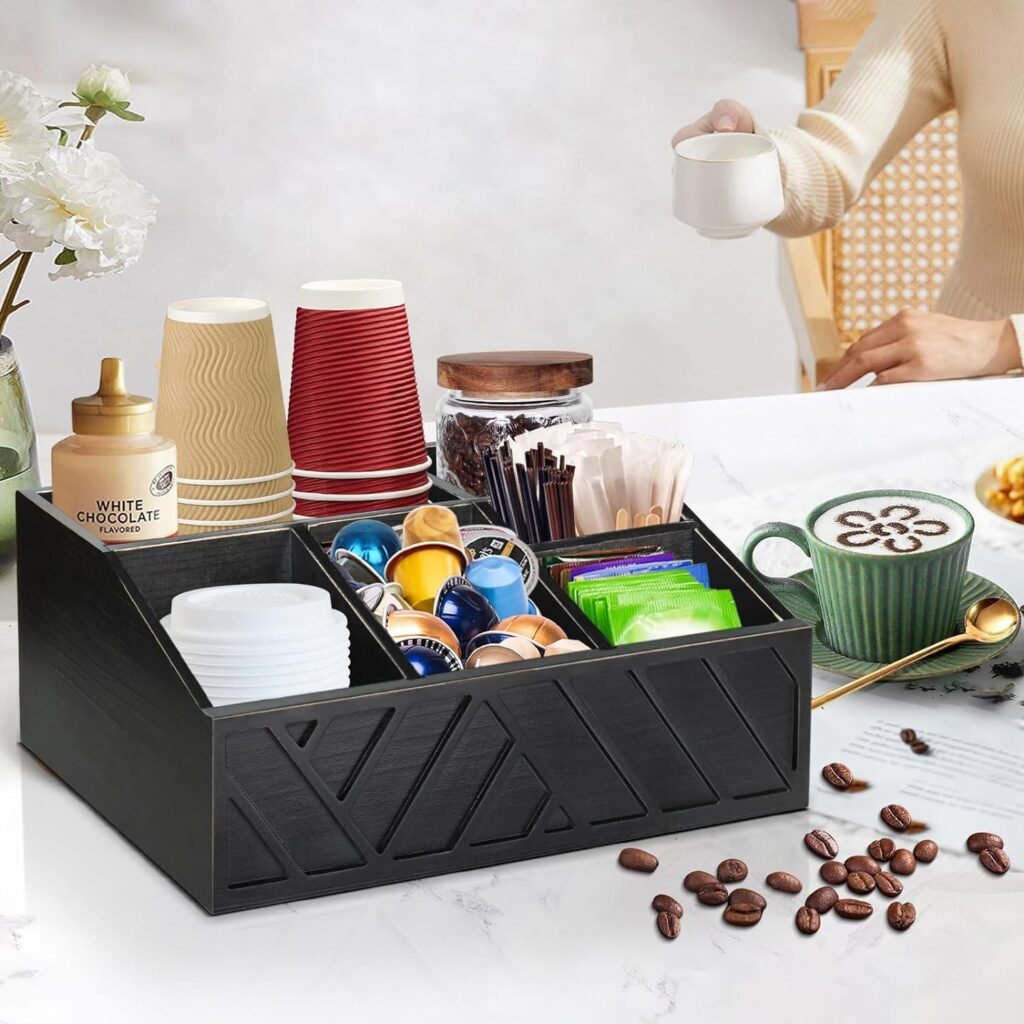 ugiftt Coffee Station Organizer for Counter, Wood Coffee Pods Holder Storage Basket, Coffee and Tea Condiment Storage Organizer, Rustic Coffee Bar Decor for Coffee Accessories Organizer