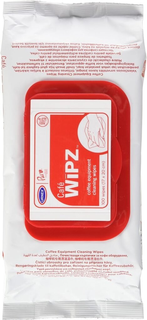 Urnex Café Wipz - 100 Count Bag - Professional Coffee Equipment Cleaning Wipes Fragrance Free Wipes Formulated with Cationic Detergents To Remove Milk and Coffee Residue,100 Count (Pack of 1)