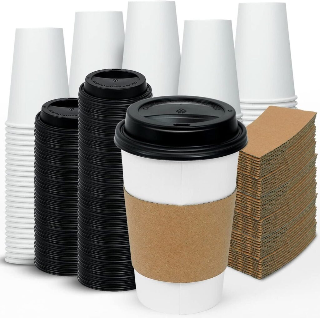 Ginkgo [100 Pack 16 oz Disposable Coffee Cups with Lids and Sleeves - To Go Coffee Cups for Hot  Cold Drinks