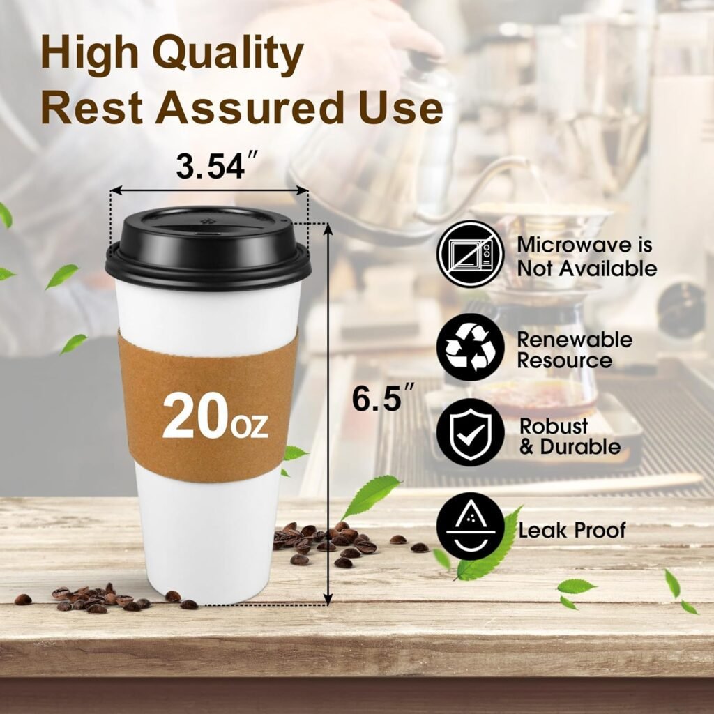 Ginkgo [100 Pack 16 oz Disposable Coffee Cups with Lids and Sleeves - To Go Coffee Cups for Hot  Cold Drinks